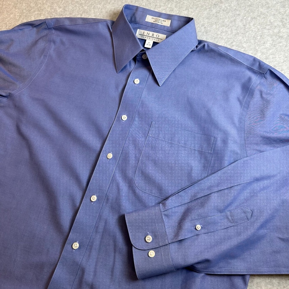 Enro Men's 17 34/35 Blue Dress Shirt 80's 2-Ply Non-Iron 100% Cotton Long Sleeve